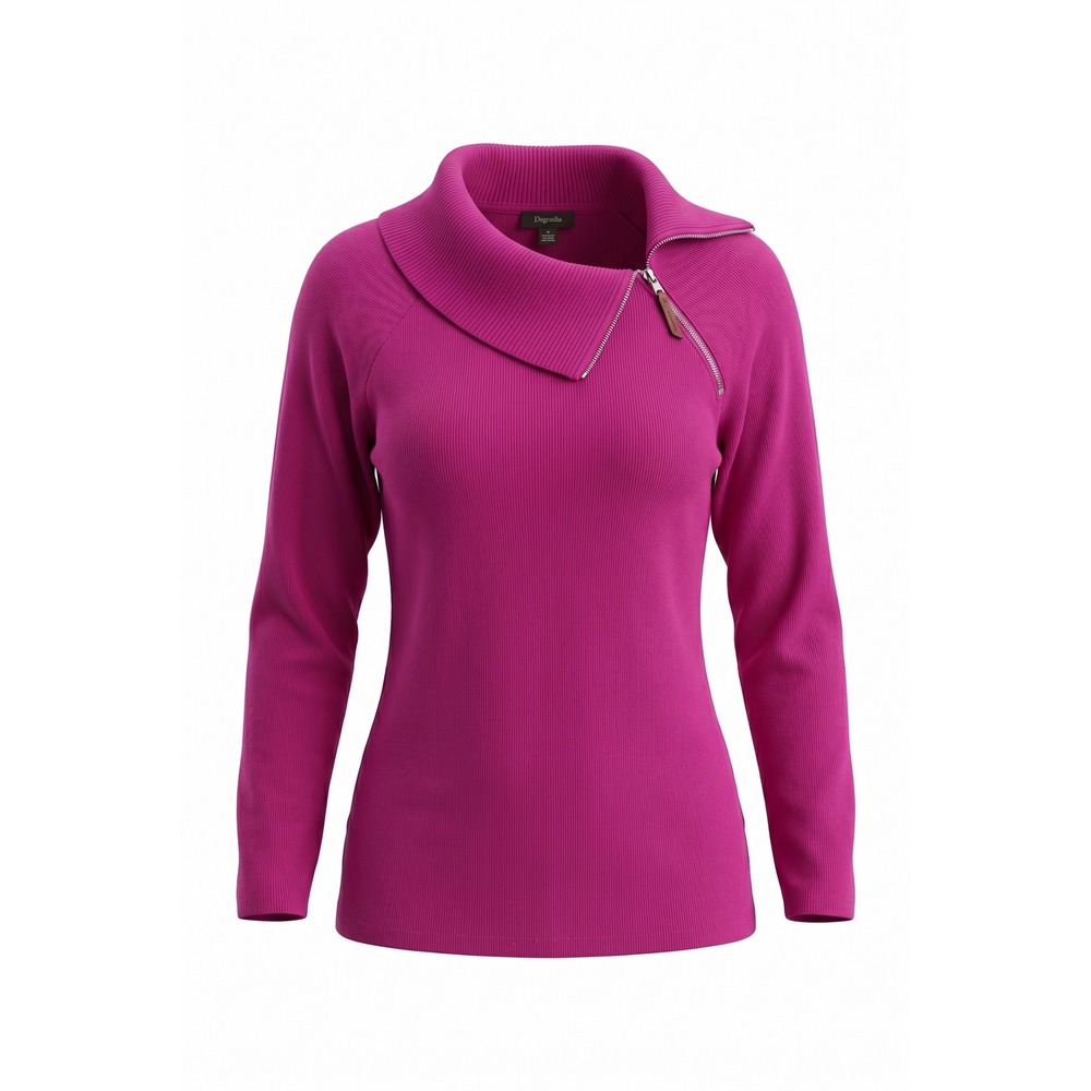 Rafaella Womens 1X Fuchsia Pink‎ Ribbed Asymmetrical Zip Neck Top Long Sleeve